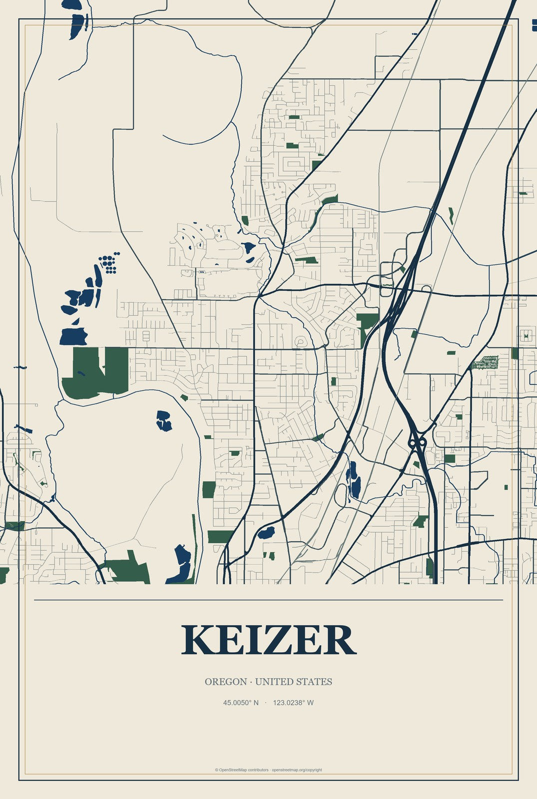 Keizer, Oregon City Map Aluminum Sign in Coastal Cutout style