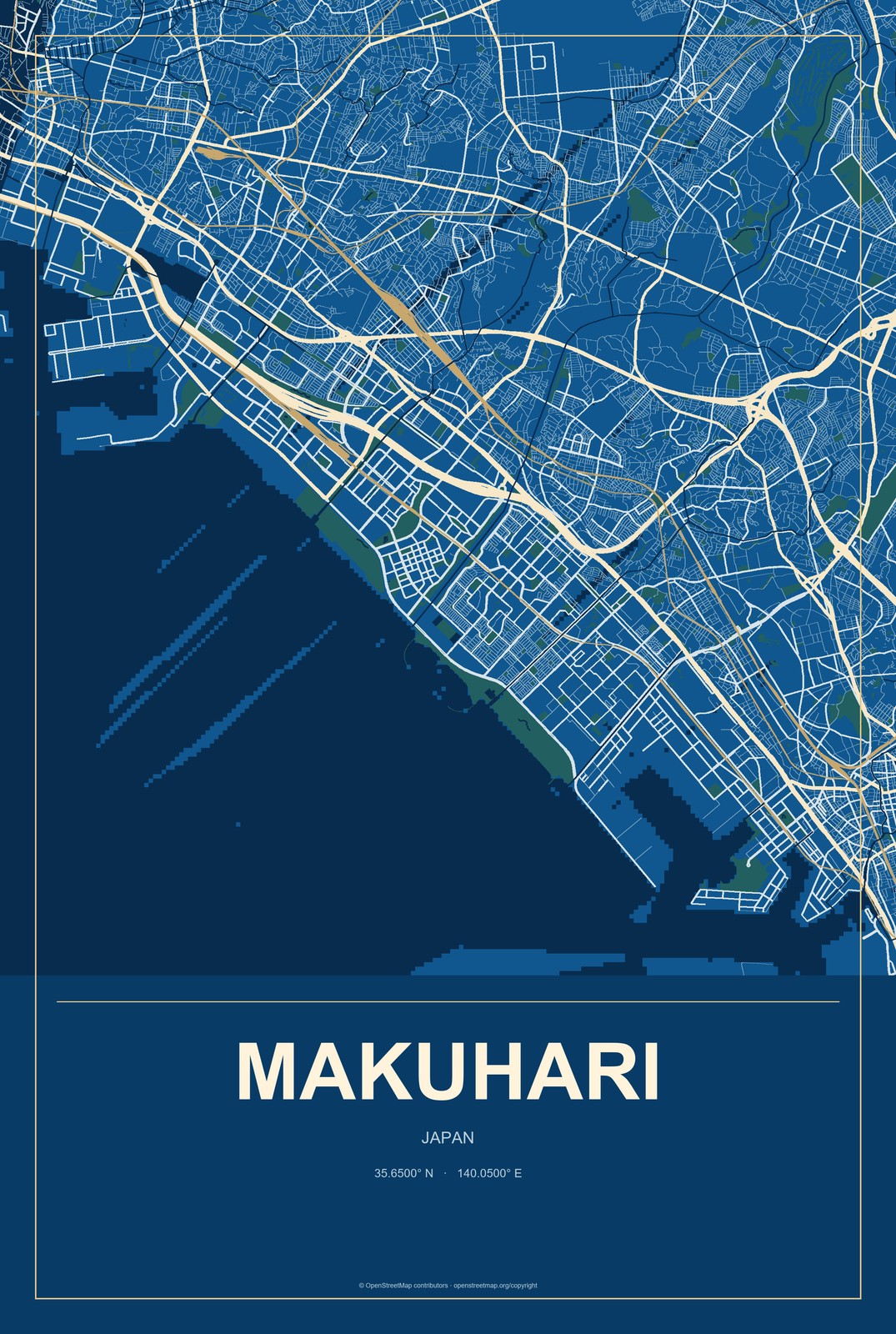 Makuhari, Japan City Map Aluminum Sign in Harbor Cobalt style