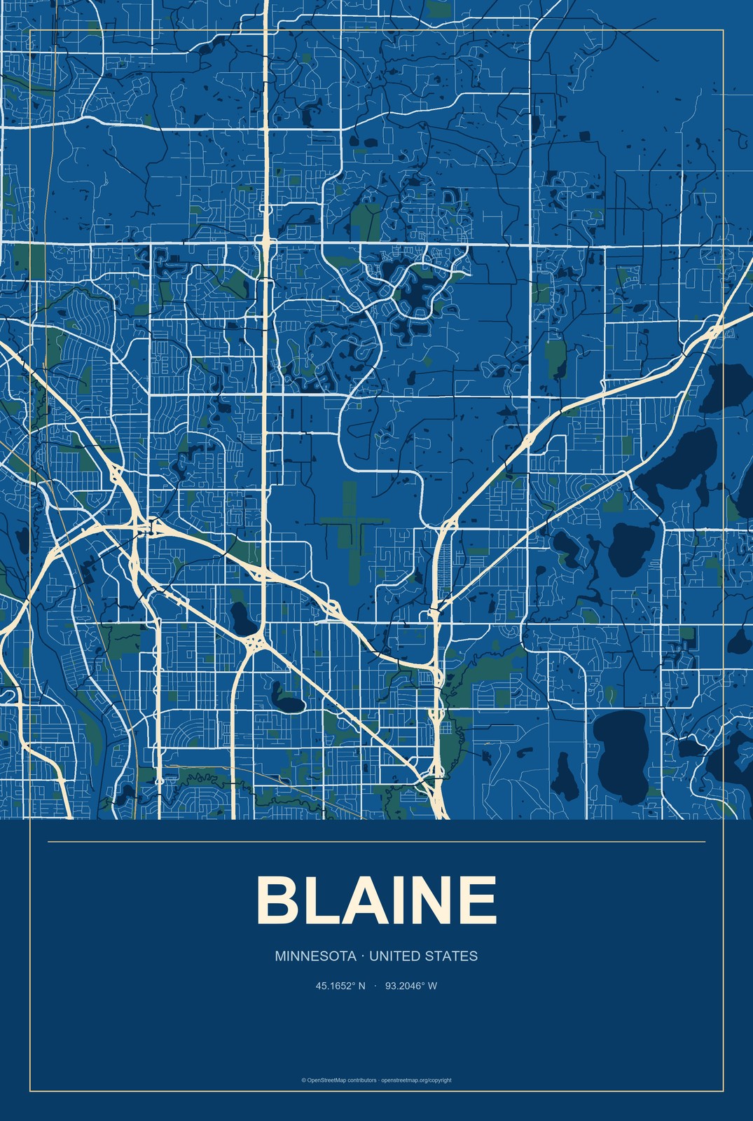 Blaine, Minnesota City Map Aluminum Sign in Harbor Cobalt style