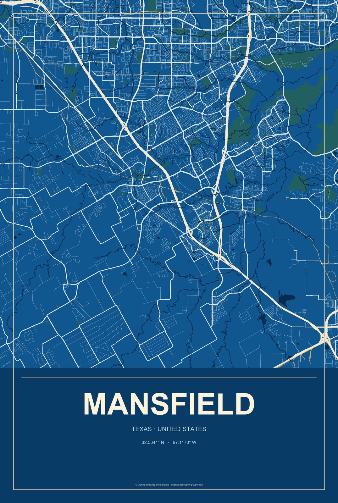 Mansfield, Texas City Map Aluminum Sign in Harbor Cobalt style