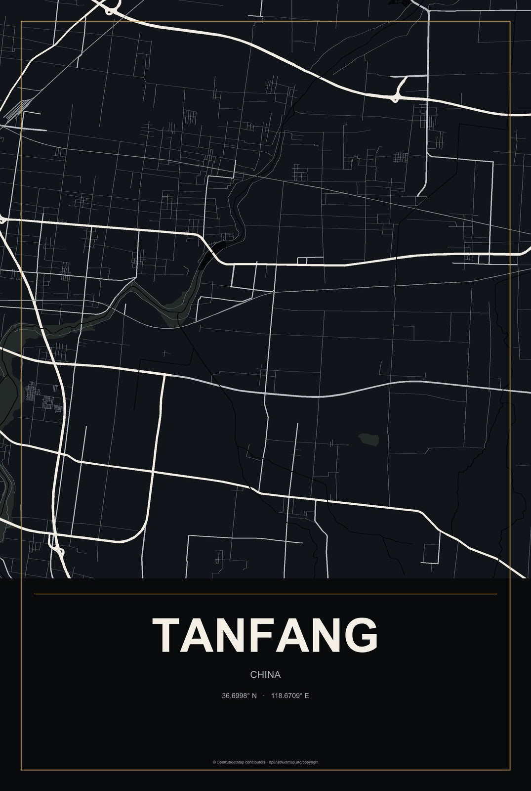 Tanfang, China City Map Aluminum Sign in Metropolitan Noir style