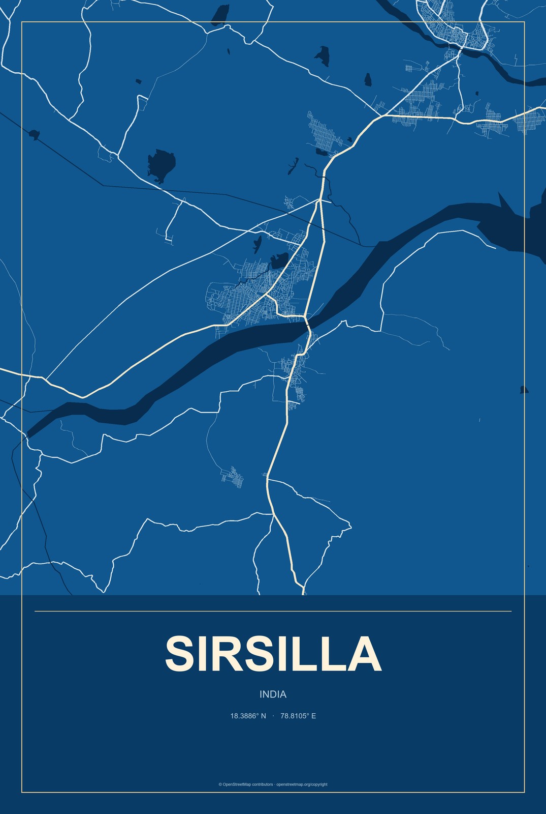 Sirsilla, India City Map Aluminum Sign in Harbor Cobalt style