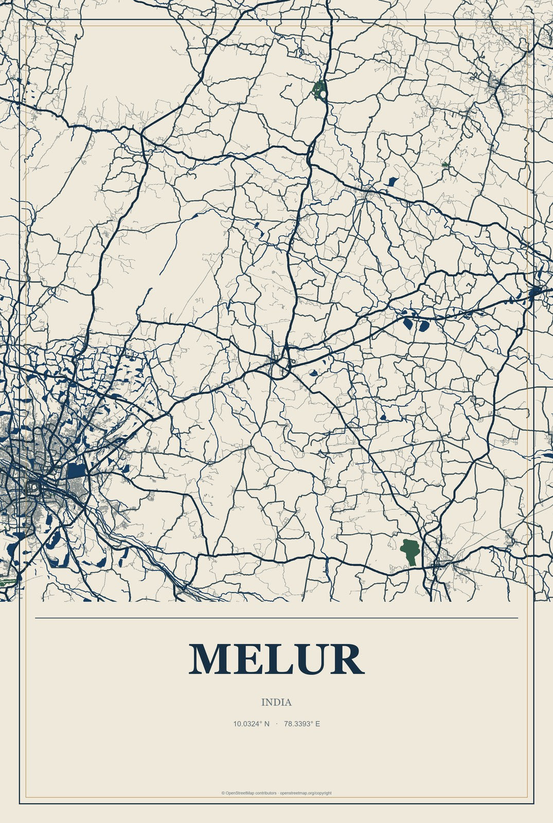 Melur, India City Map Aluminum Sign in Coastal Cutout style