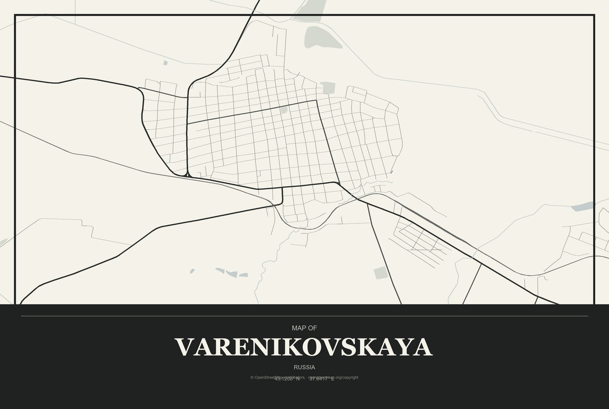 Varenikovskaya, Russia City Map Aluminum Sign in Museum Plaque style