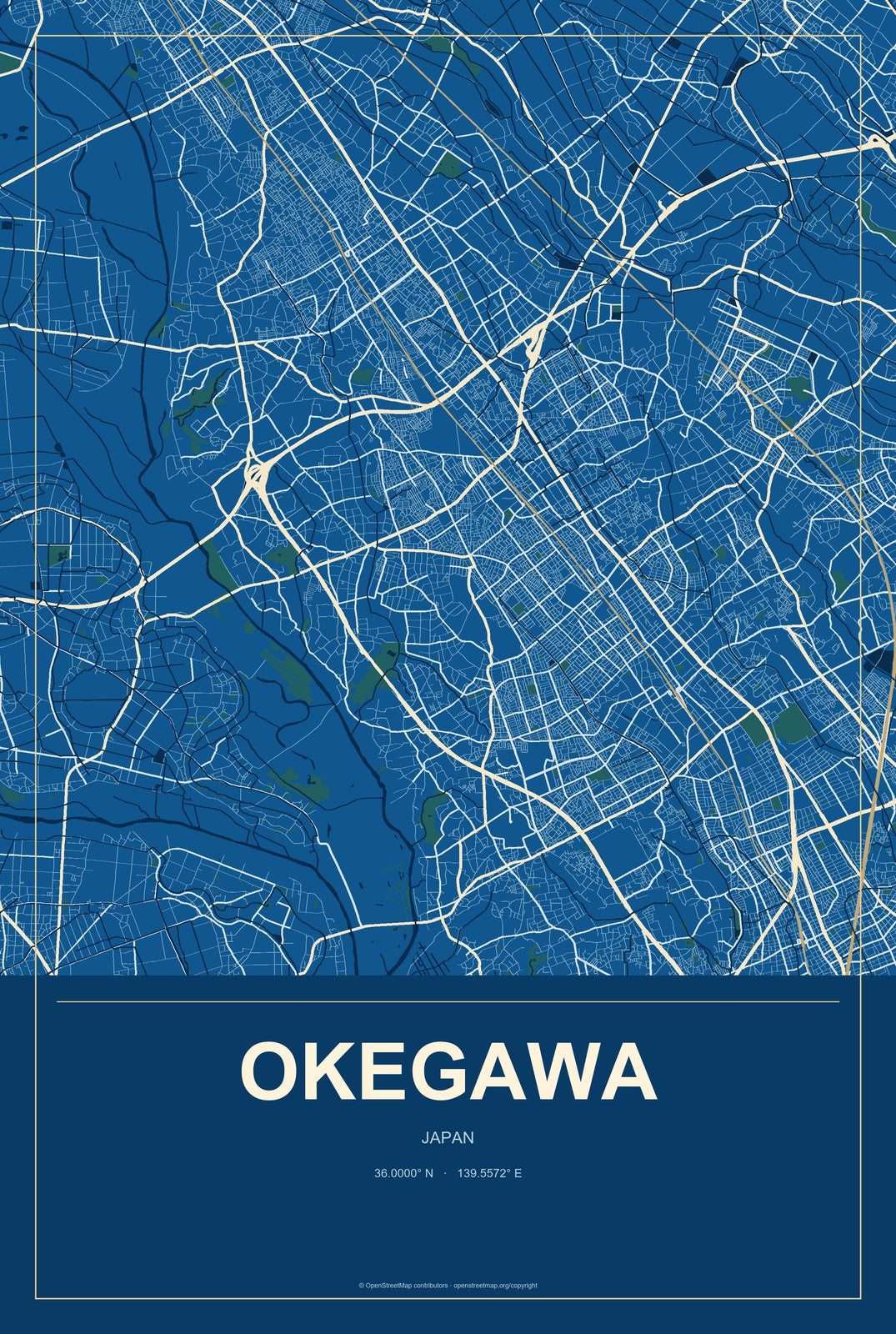 Okegawa, Japan City Map Aluminum Sign in Harbor Cobalt style