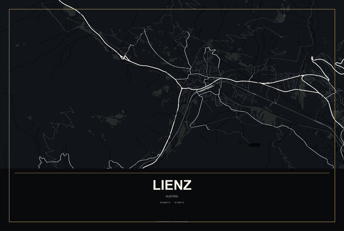 Lienz, Austria City Map Aluminum Sign in Metropolitan Noir style