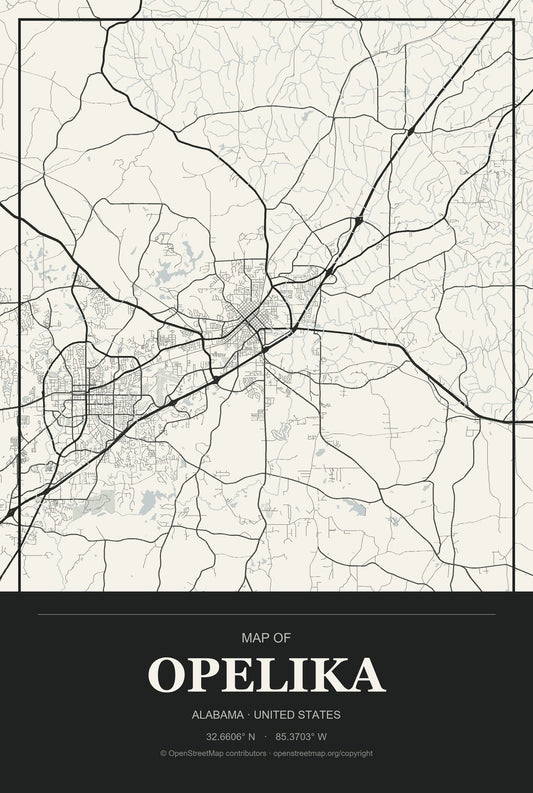 Opelika, Alabama City Map Aluminum Sign in Museum Plaque style
