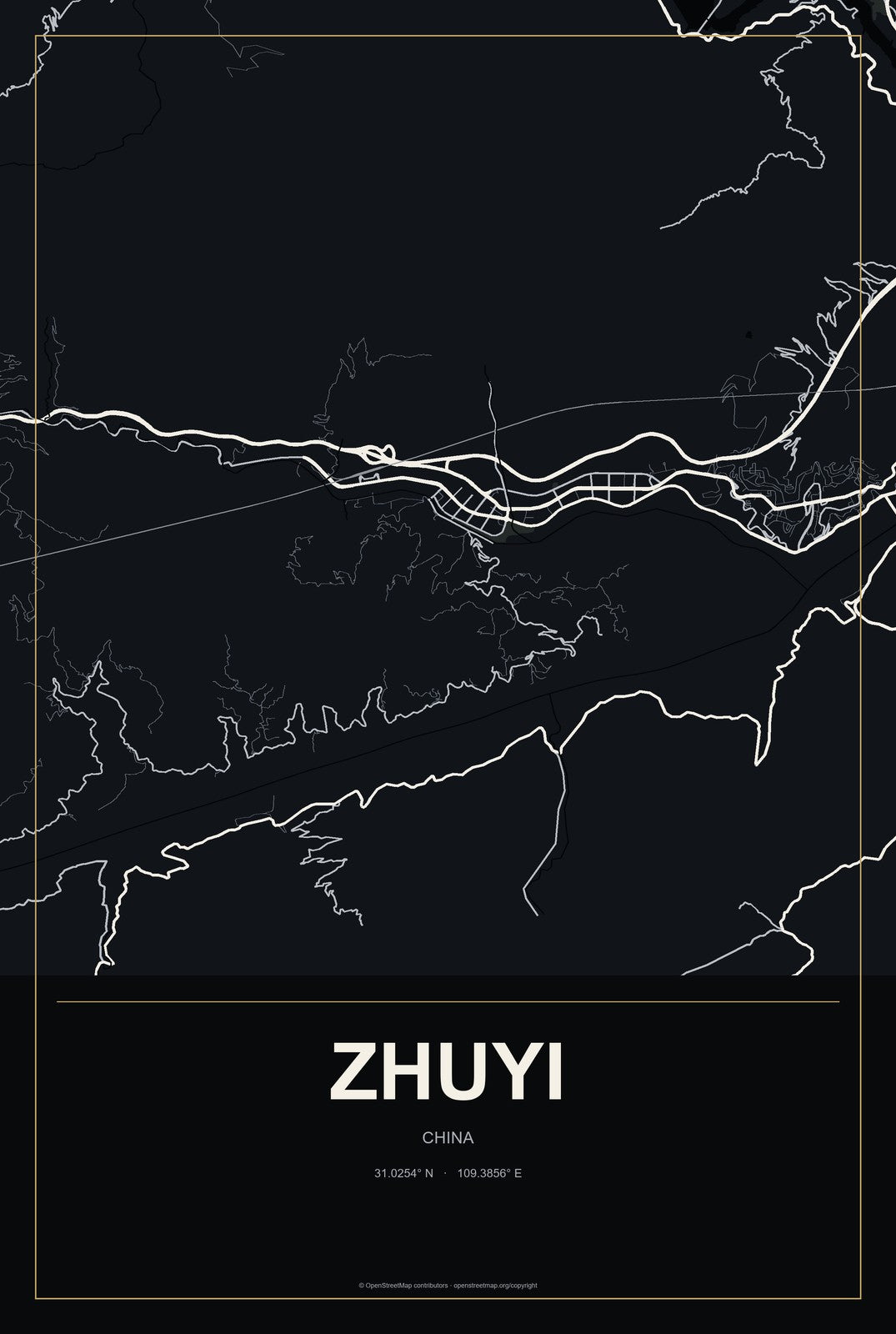 Zhuyi, China City Map Aluminum Sign in Metropolitan Noir style