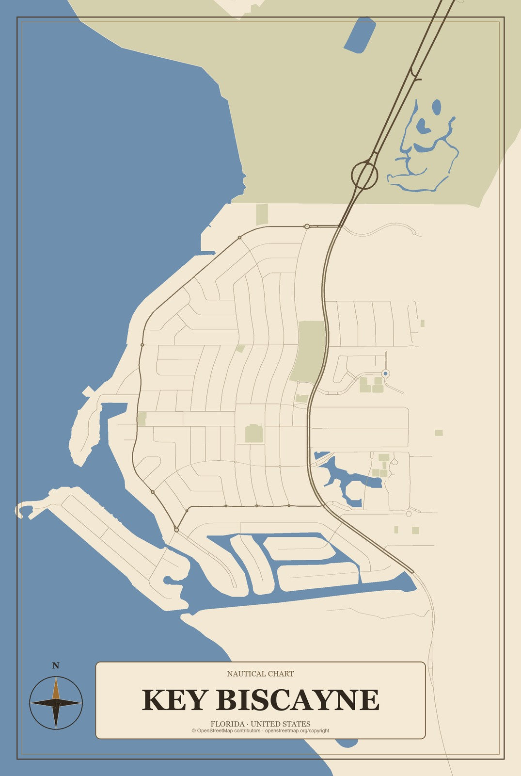 Key Biscayne, Florida City Map Aluminum Sign in Heritage Nautical style