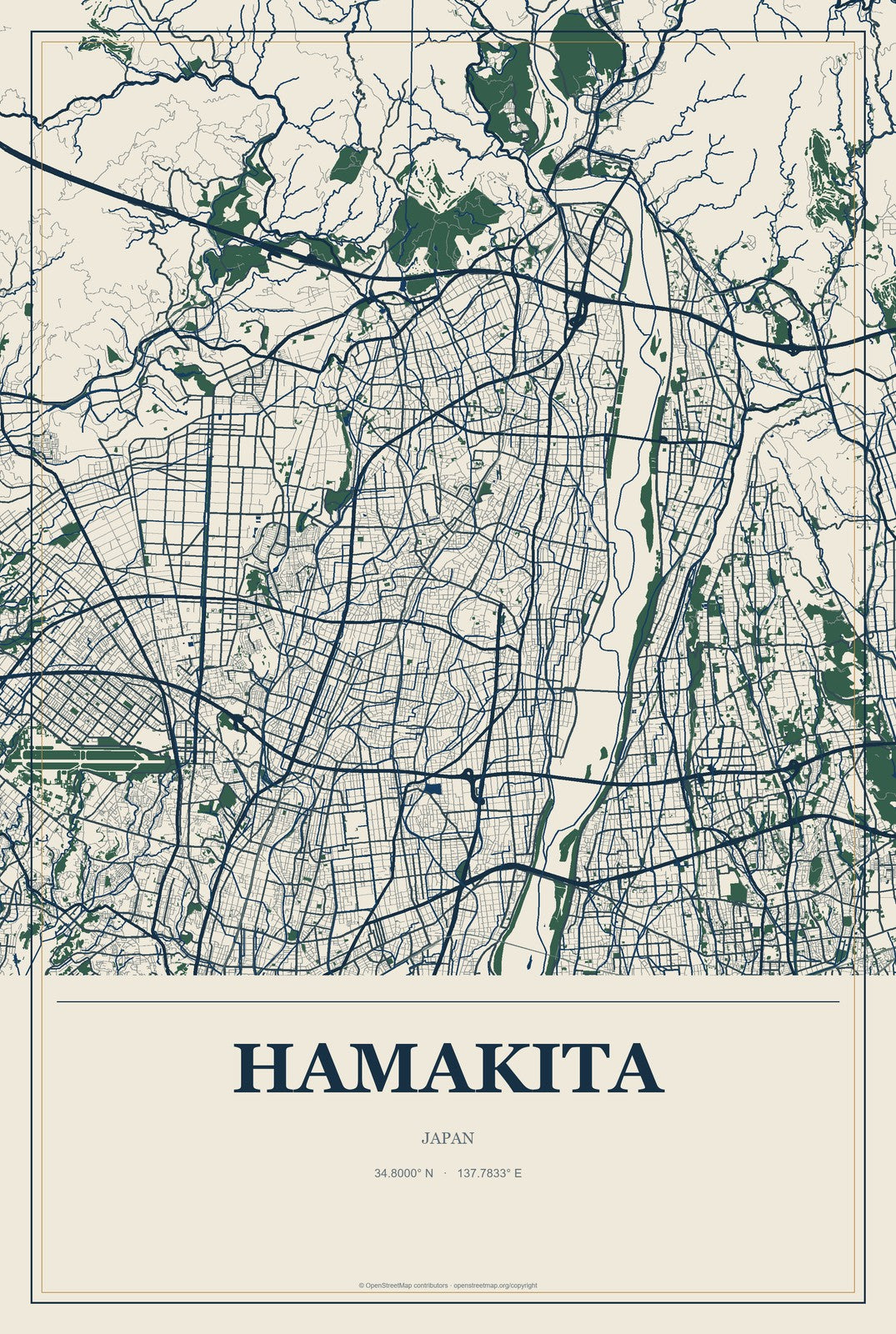 Hamakita, Japan City Map Aluminum Sign in Coastal Cutout style
