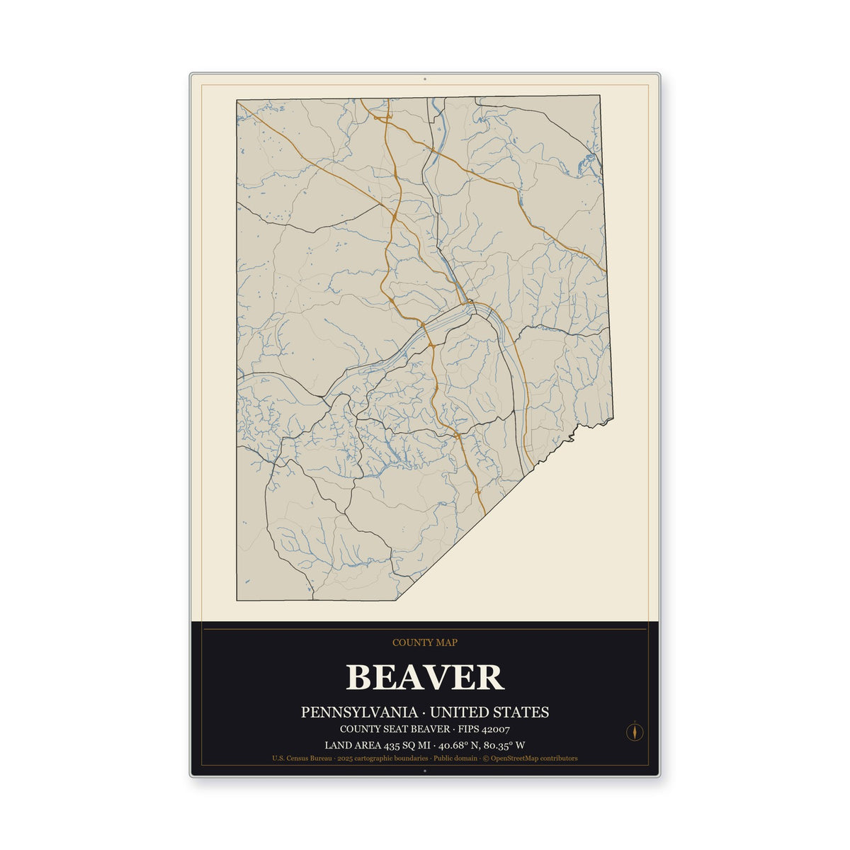 Beaver County, Pennsylvania Map Aluminum Sign in Museum Plaque style