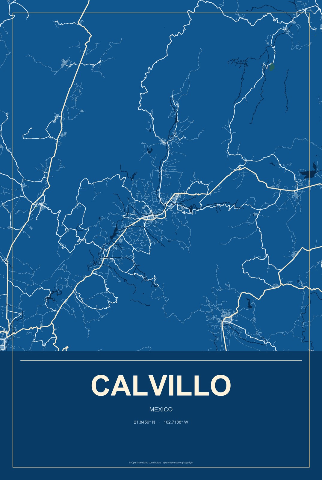 Calvillo, Mexico City Map Aluminum Sign in Harbor Cobalt style