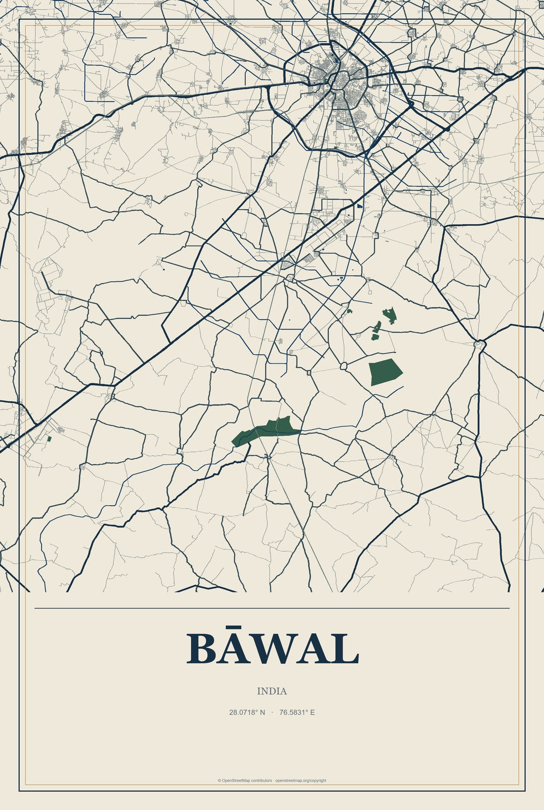 Bāwal, India City Map Aluminum Sign in Coastal Cutout style