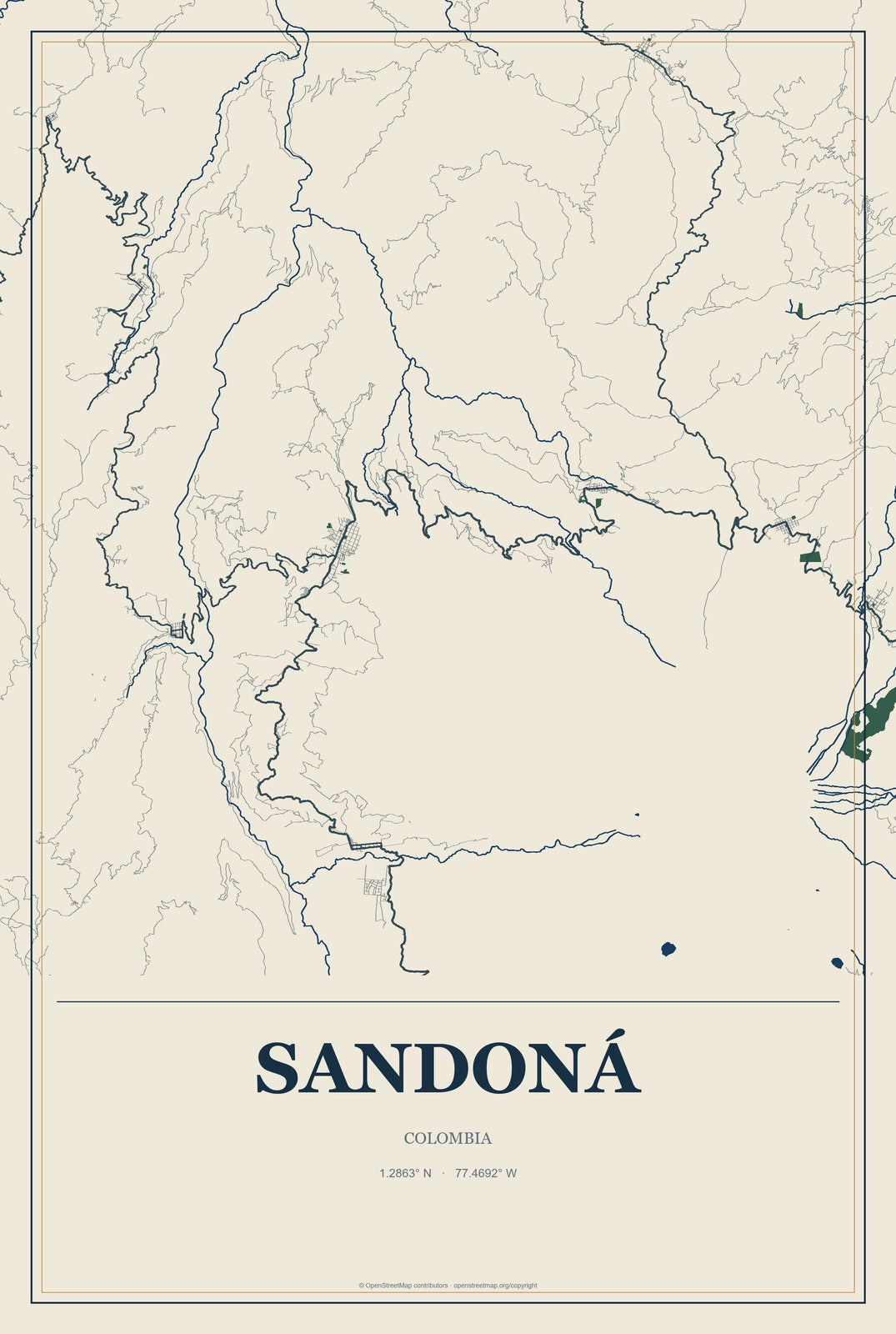 Sandoná, Colombia City Map Aluminum Sign in Coastal Cutout style