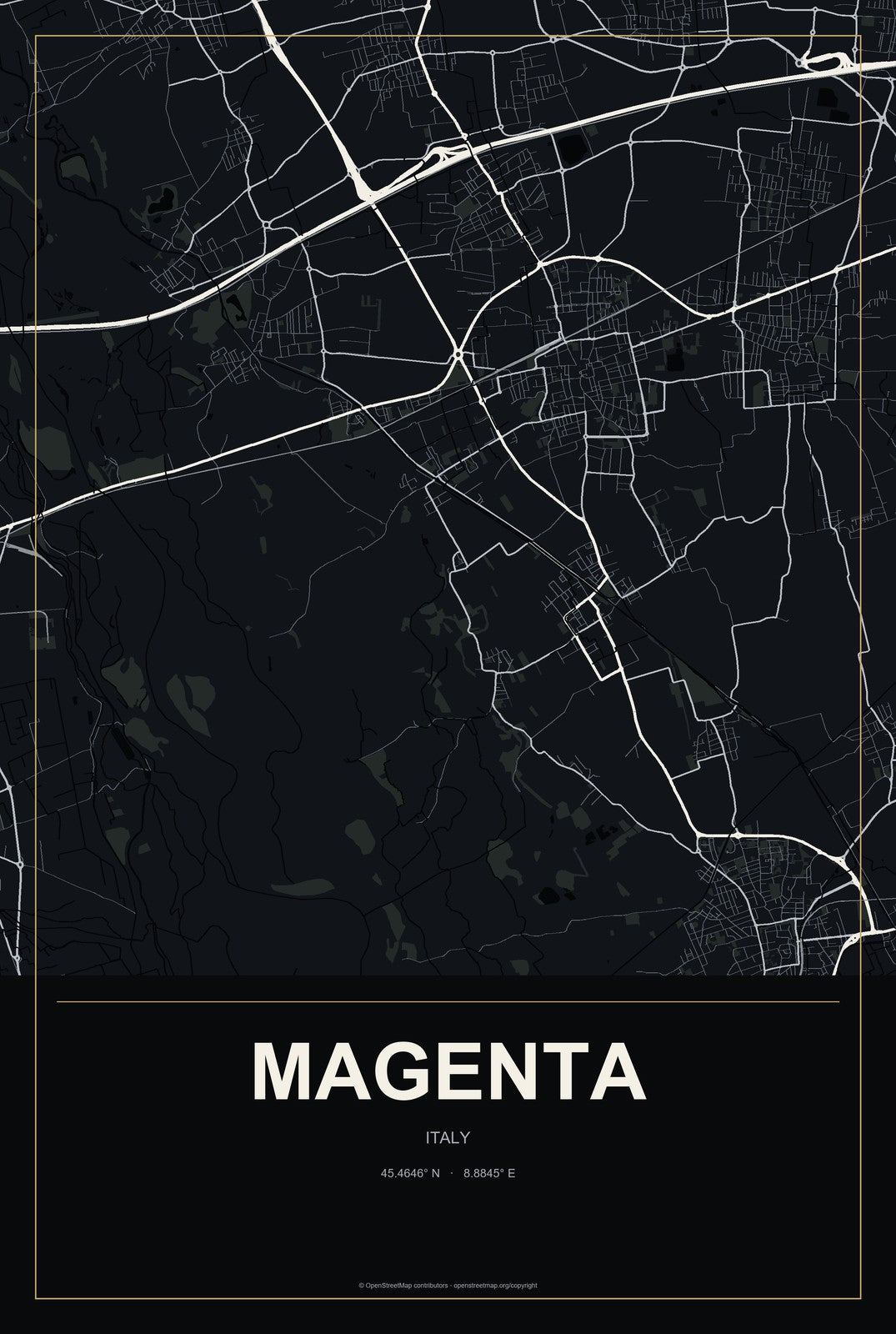Magenta, Italy City Map Aluminum Sign in Metropolitan Noir style