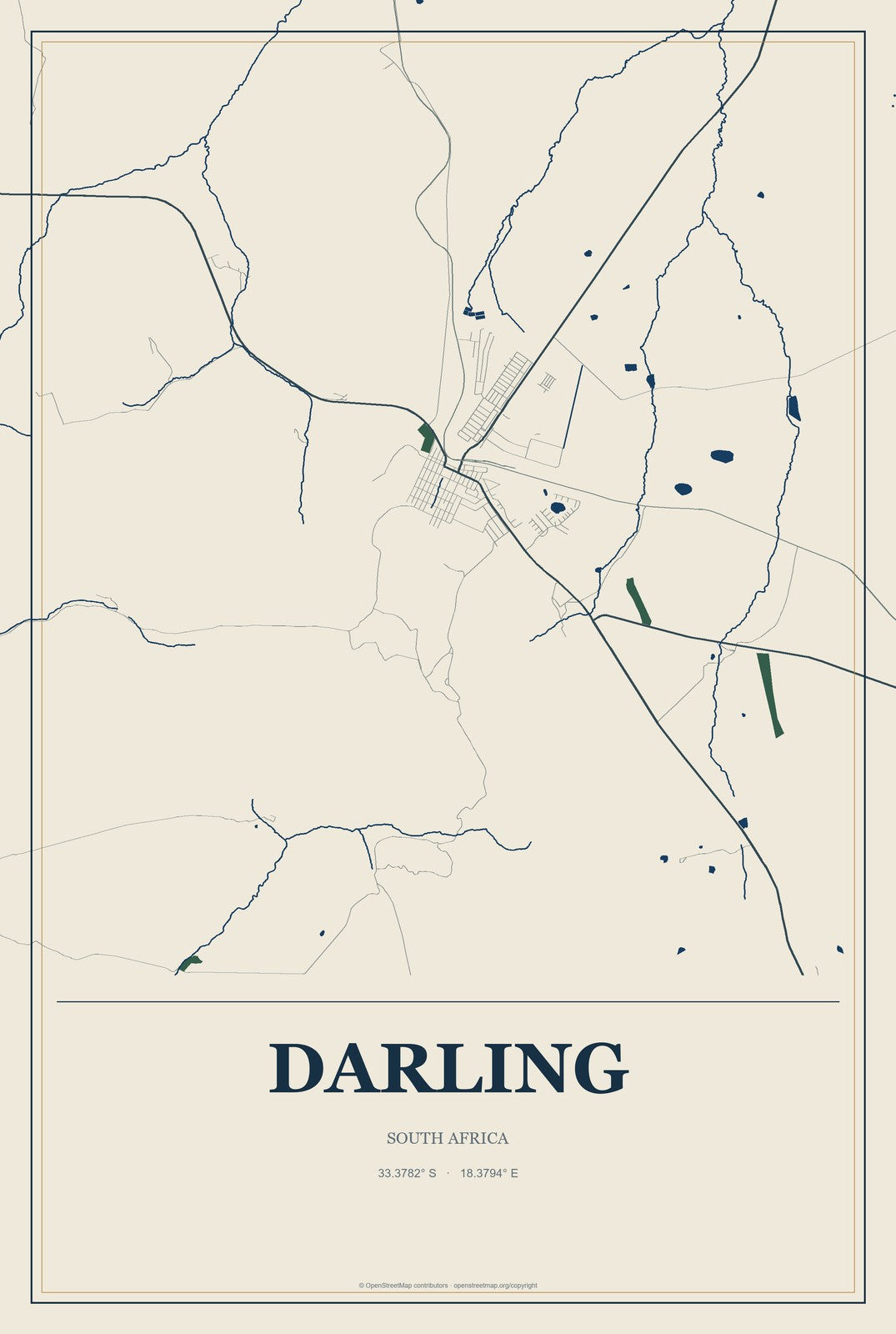 Darling, South Africa City Map Aluminum Sign in Coastal Cutout style