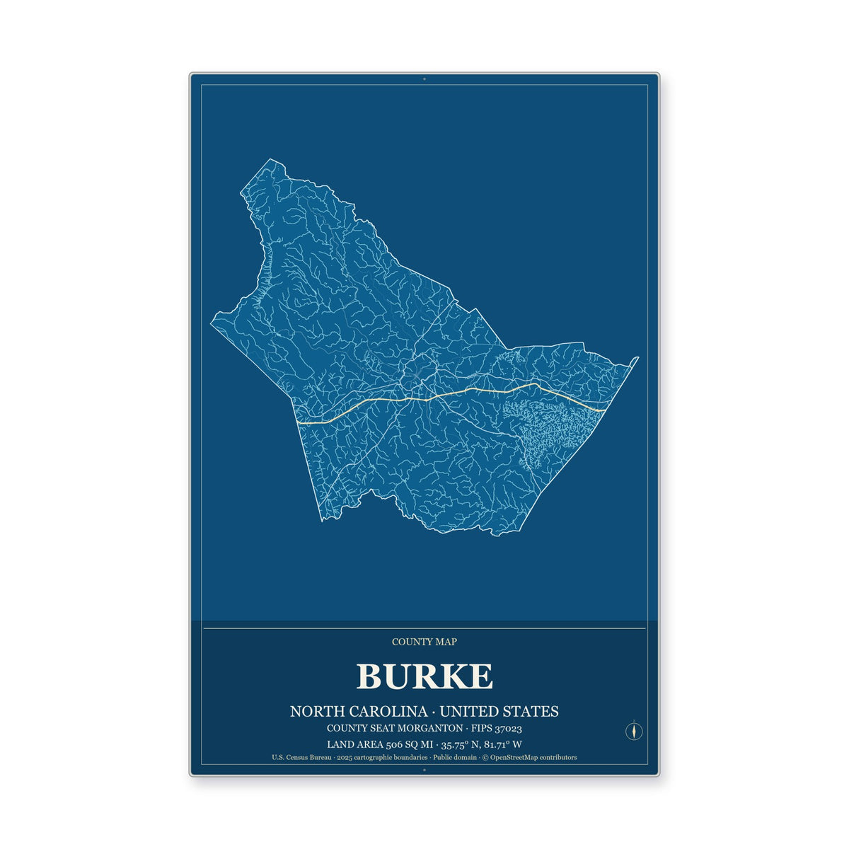Burke County, North Carolina Map Aluminum Sign in Harbor Cobalt style