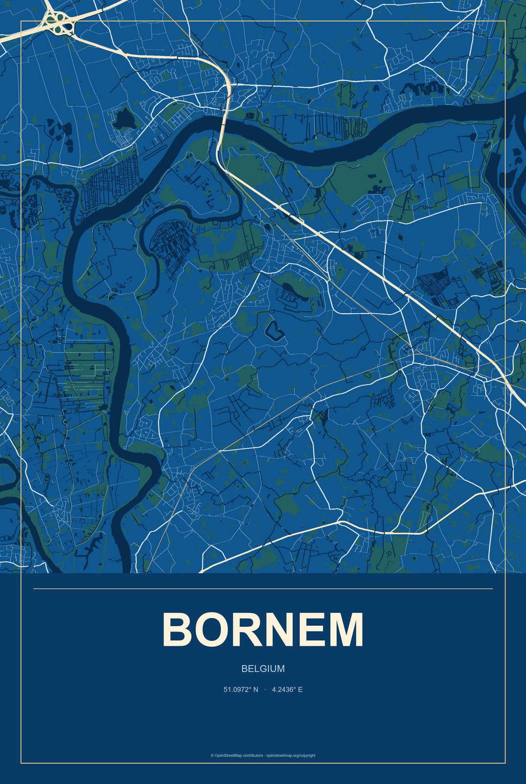 Bornem, Belgium City Map Aluminum Sign in Harbor Cobalt style