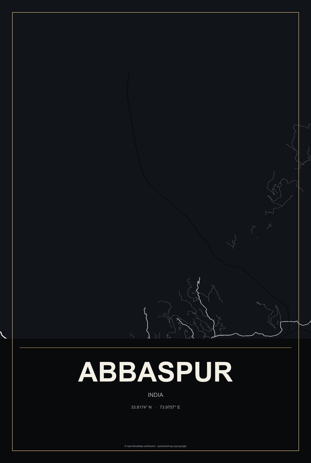 Abbaspur, India City Map Aluminum Sign in Metropolitan Noir style