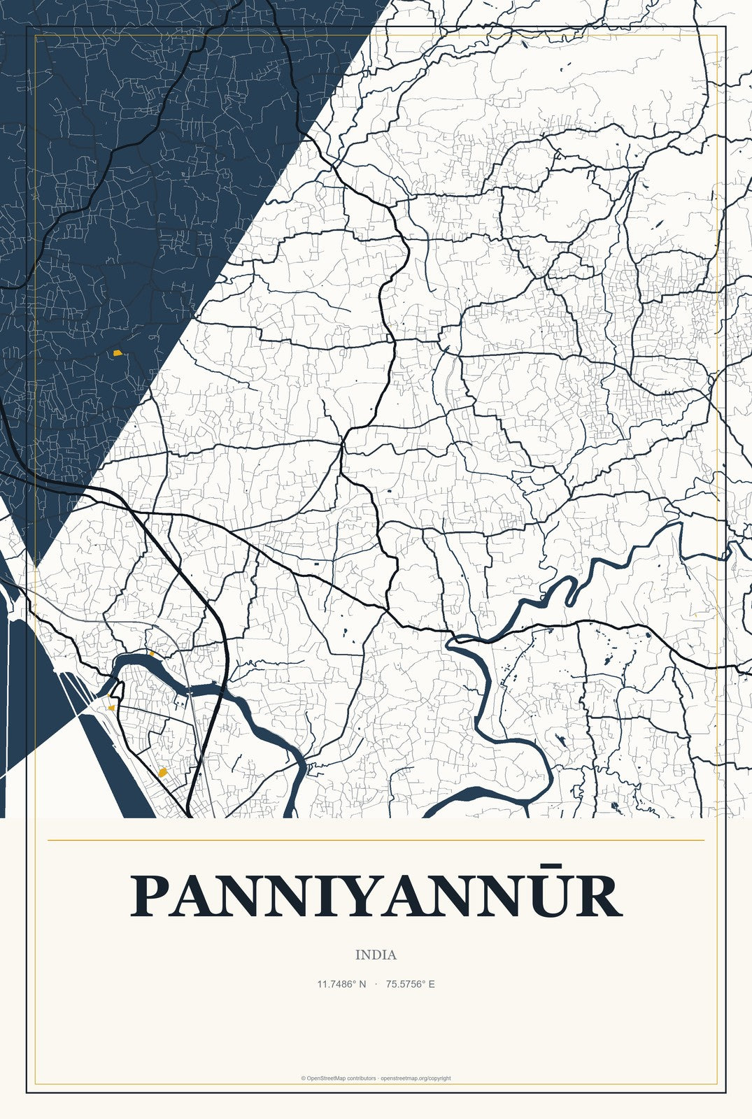 Panniyannūr, India City Map Aluminum Sign in Citrine Modern style