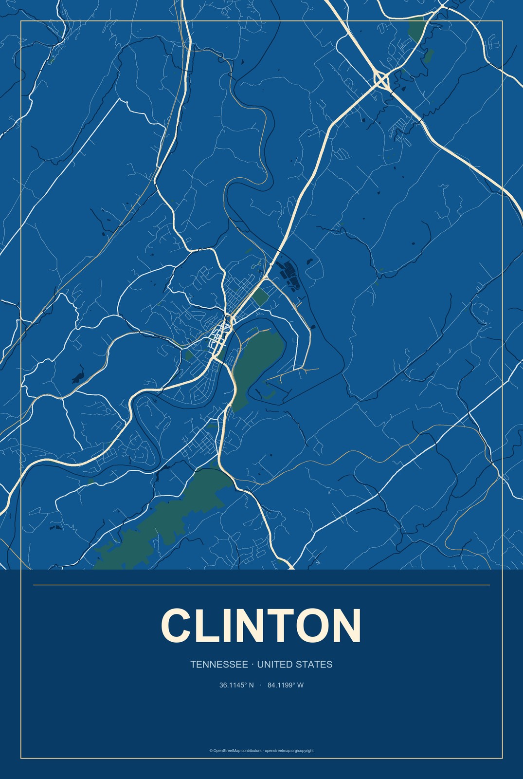 Clinton, Tennessee City Map Aluminum Sign in Harbor Cobalt style