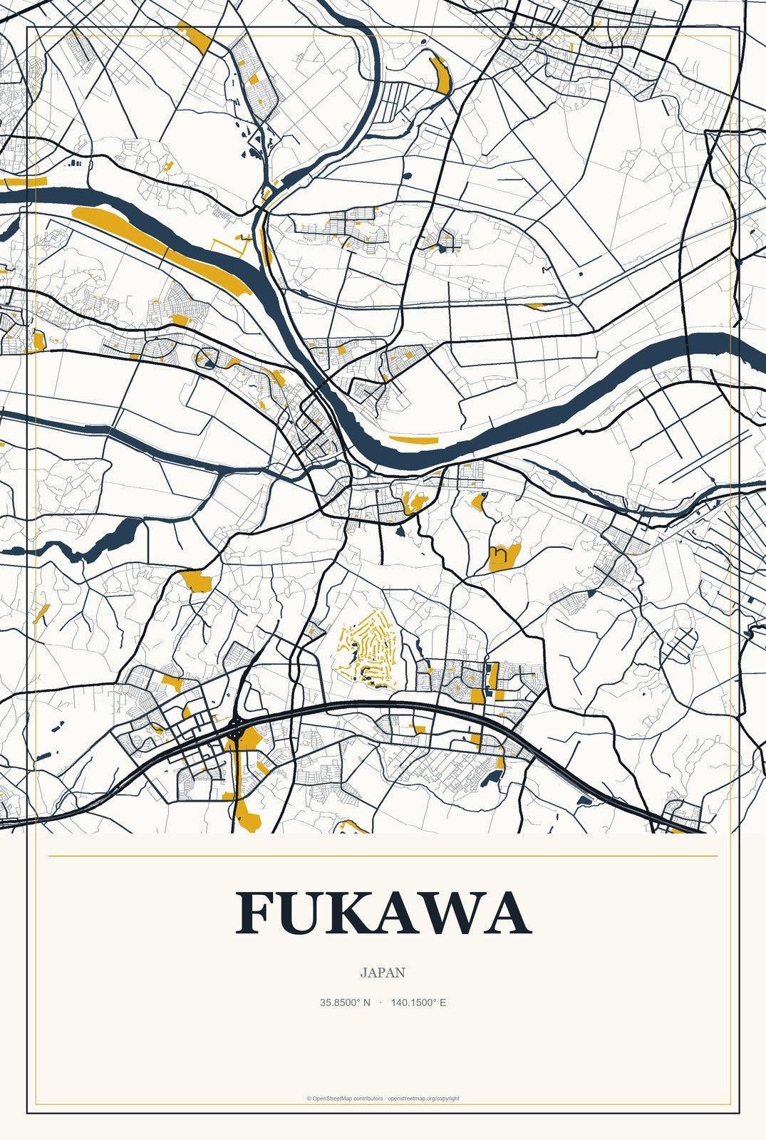 Fukawa, Japan City Map Aluminum Sign in Citrine Modern style