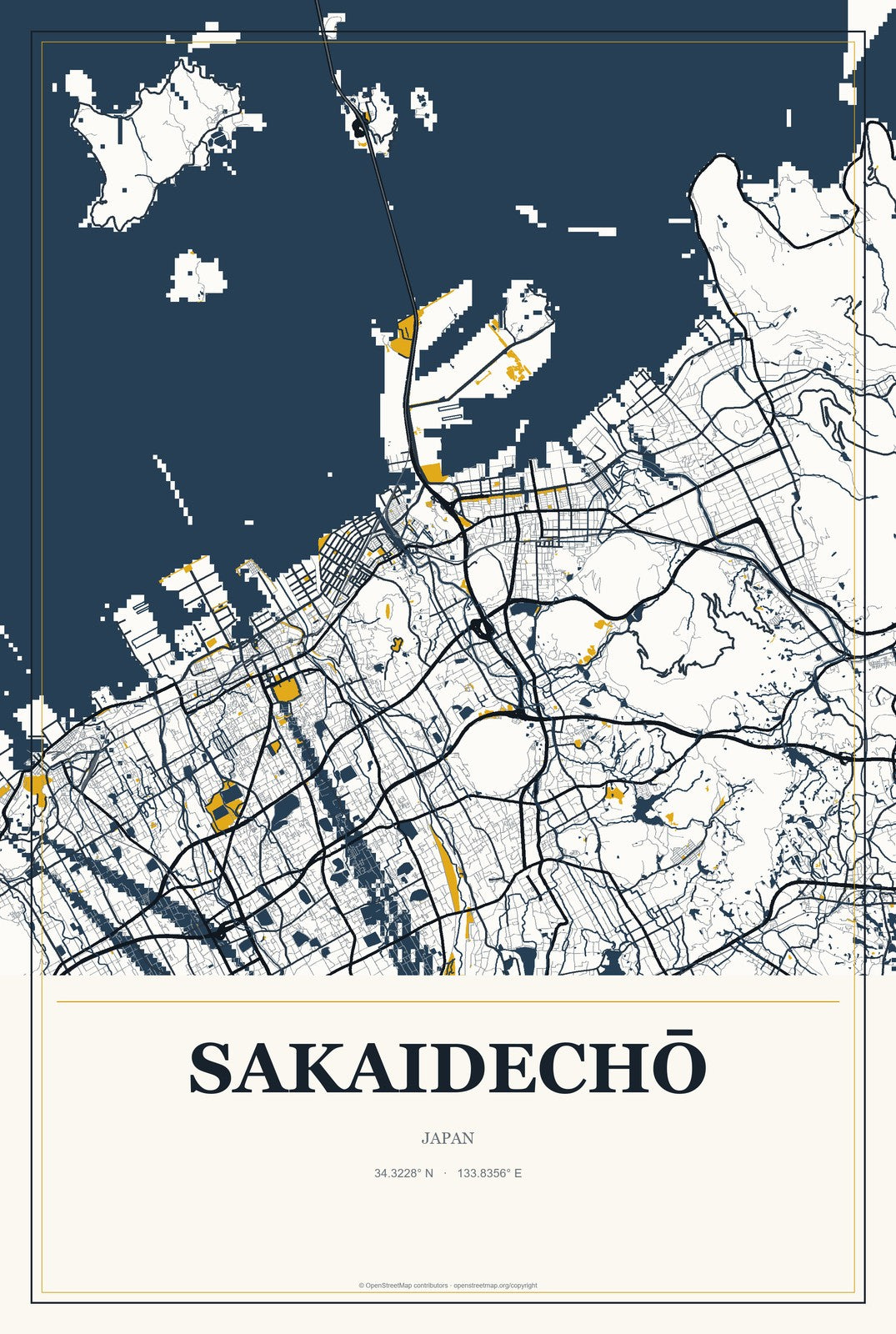 Sakaidechō, Japan City Map Aluminum Sign in Citrine Modern style
