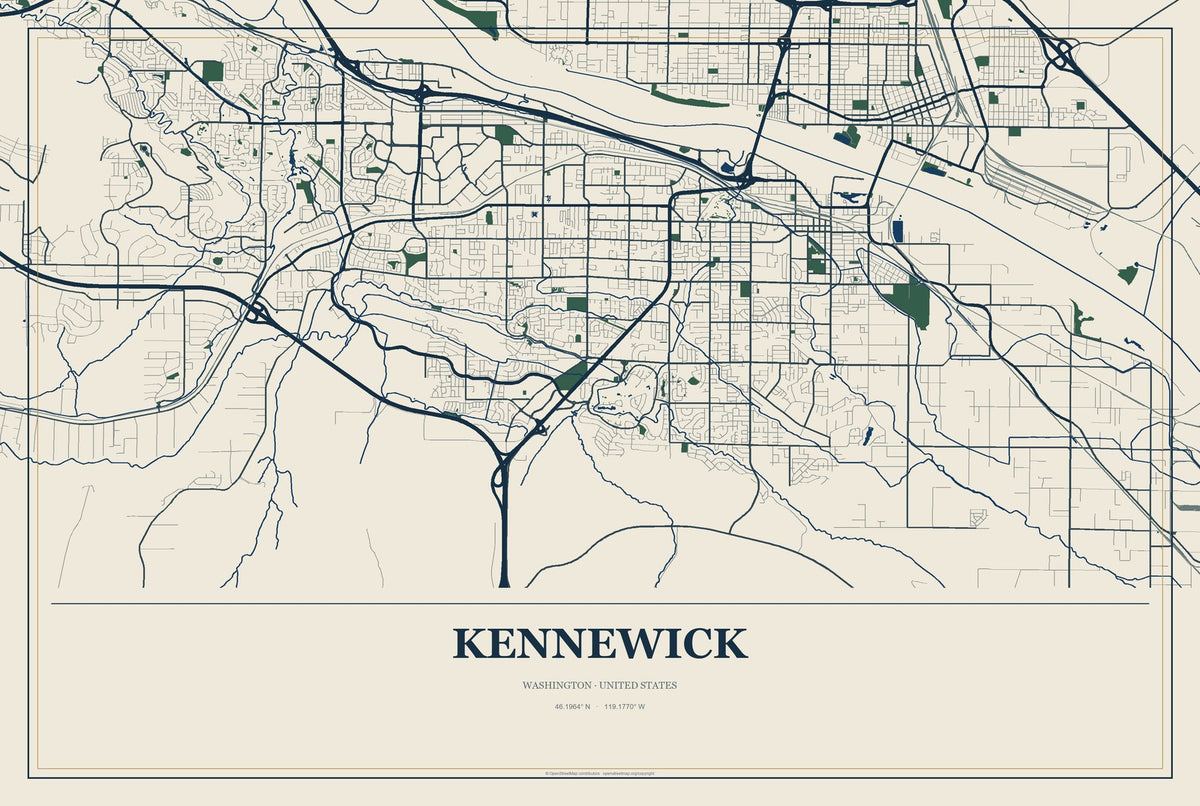 Kennewick, Washington City Map Aluminum Sign in Coastal Cutout style