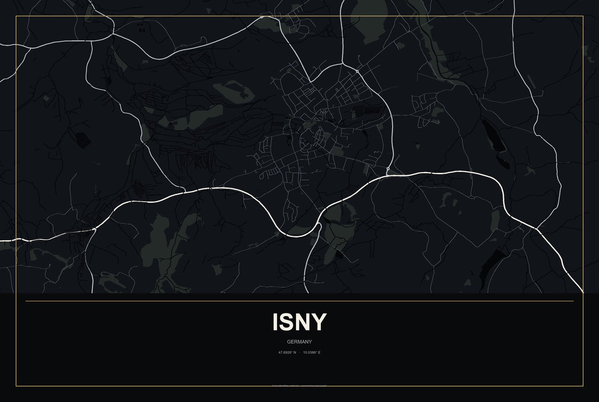 Isny, Germany City Map Aluminum Sign in Metropolitan Noir style