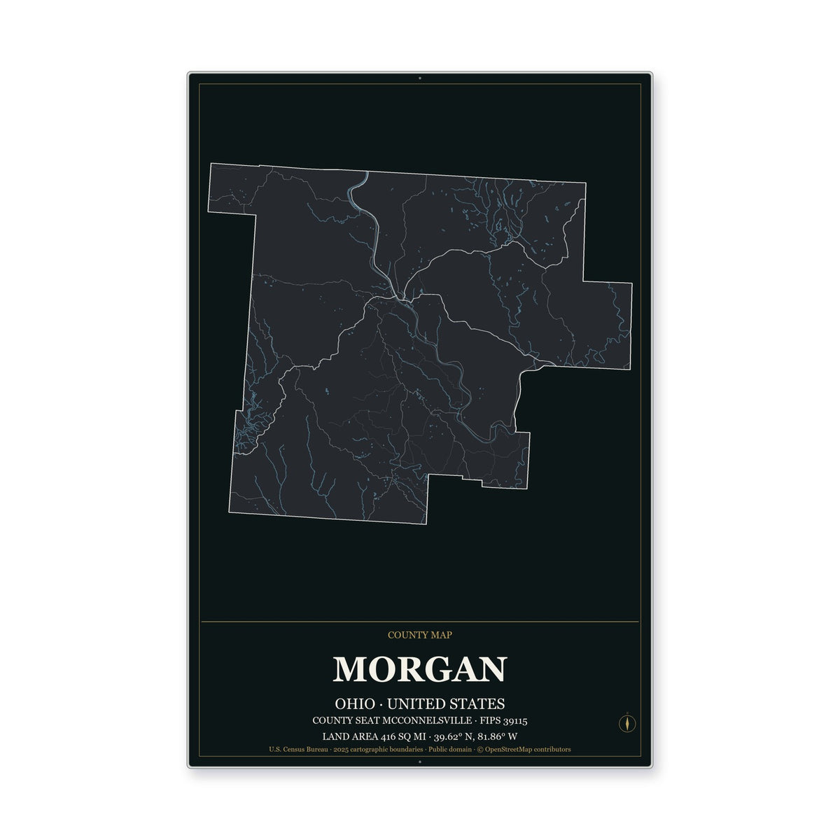 Morgan County, Ohio Map Aluminum Sign in Metropolitan Noir style