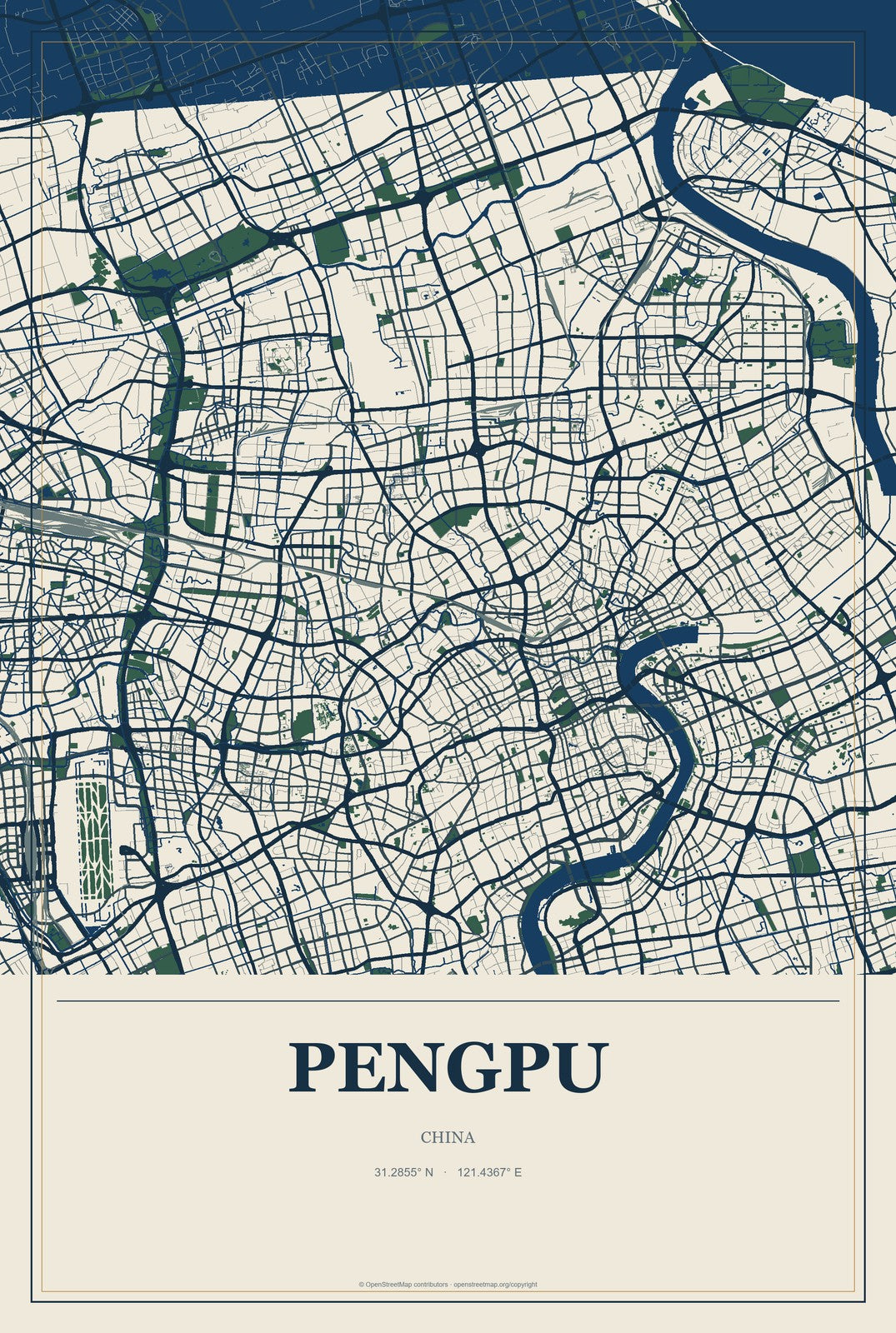 Pengpu, China City Map Aluminum Sign in Coastal Cutout style