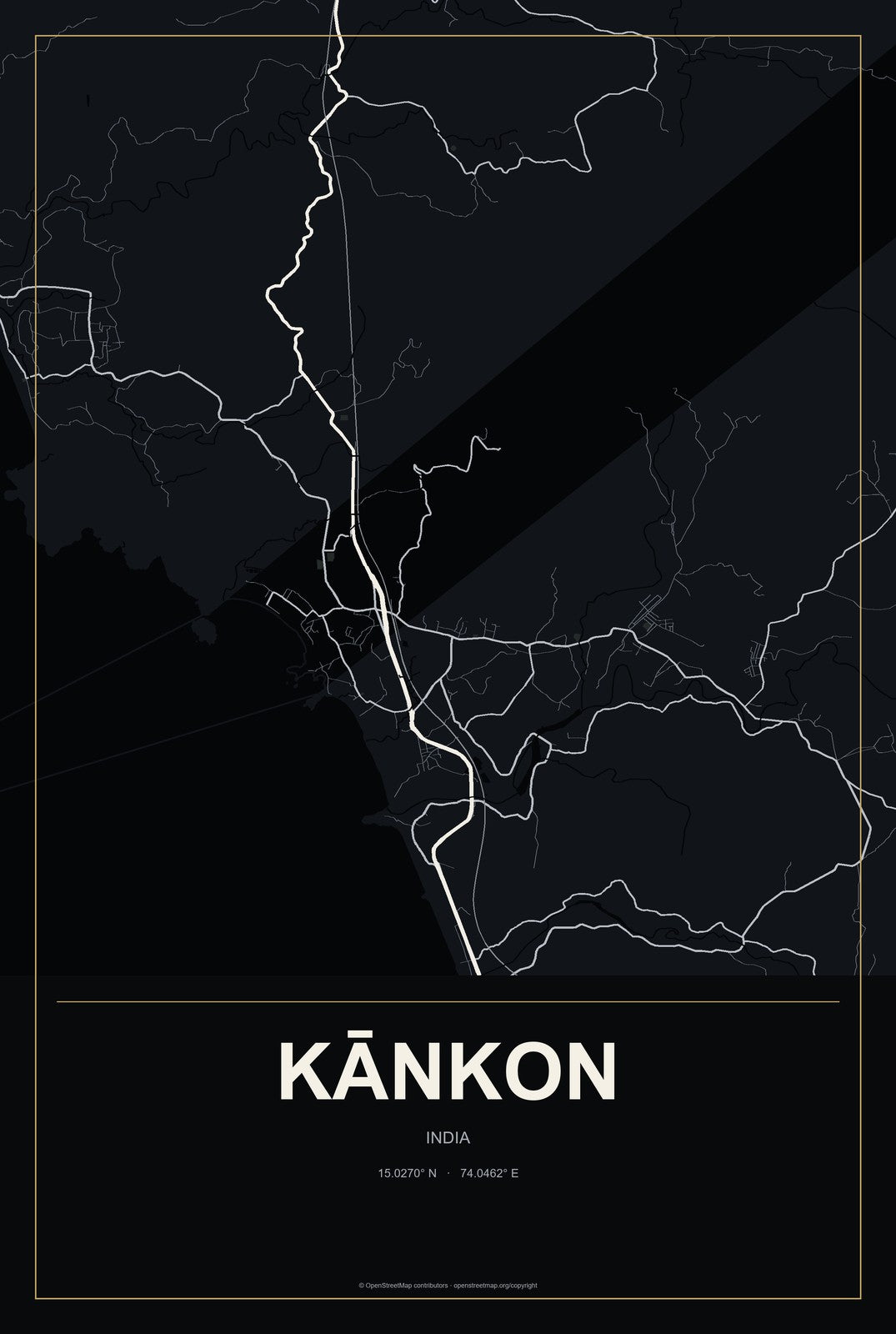 Kānkon, India City Map Aluminum Sign in Metropolitan Noir style
