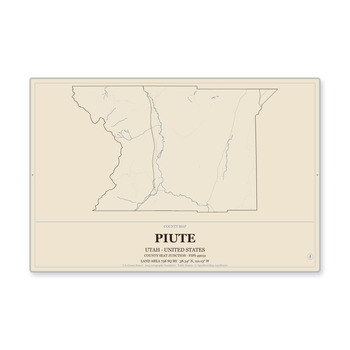 Piute County, Utah Map Aluminum Sign in Heritage Nautical style