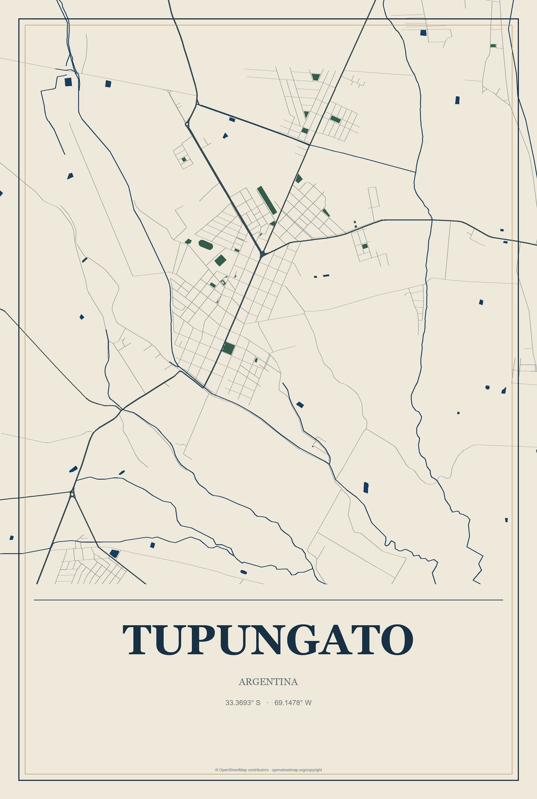 Tupungato, Argentina City Map Aluminum Sign in Coastal Cutout style
