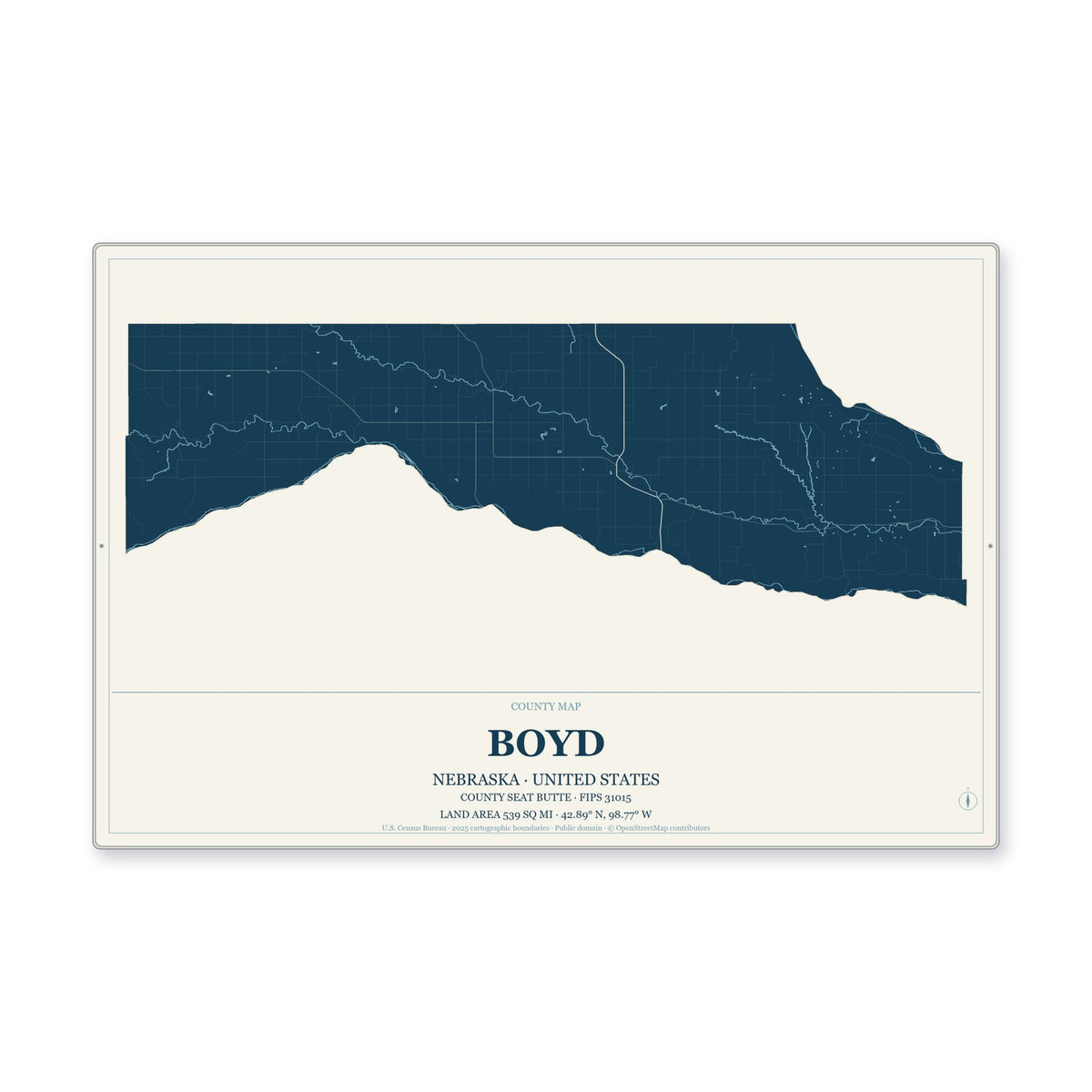 Boyd County, Nebraska Map Aluminum Sign in Coastal Cutout style
