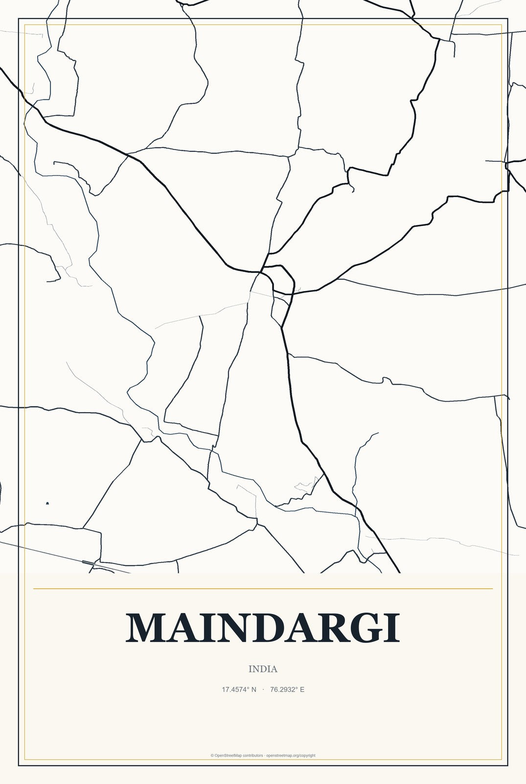 Maindargi, India City Map Aluminum Sign in Citrine Modern style