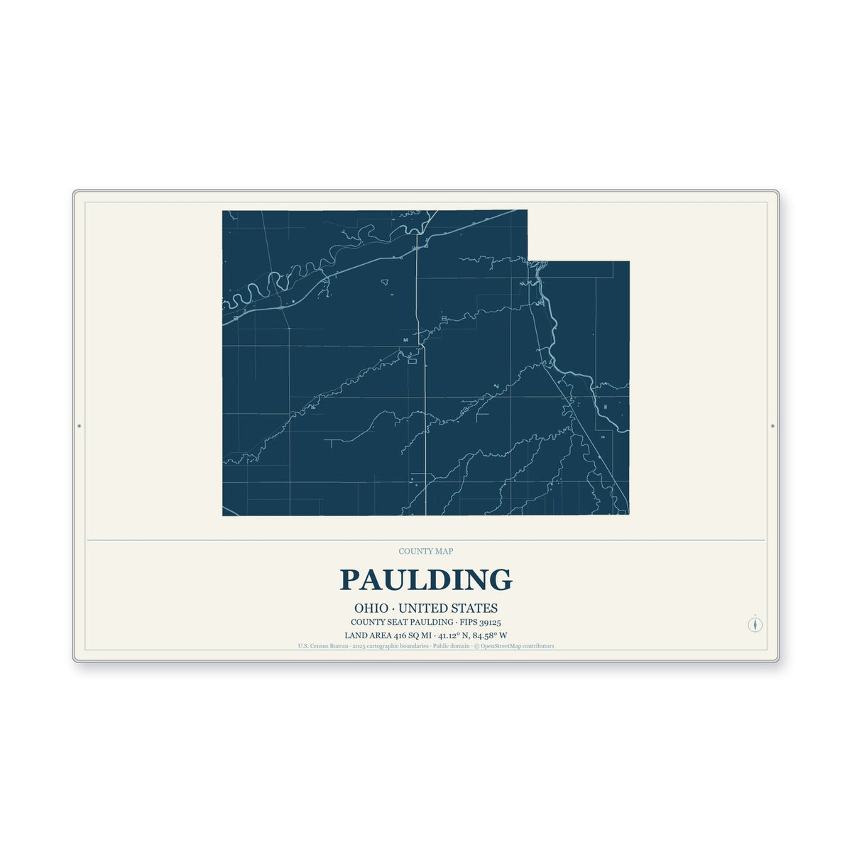 Paulding County, Ohio Map Aluminum Sign in Coastal Cutout style