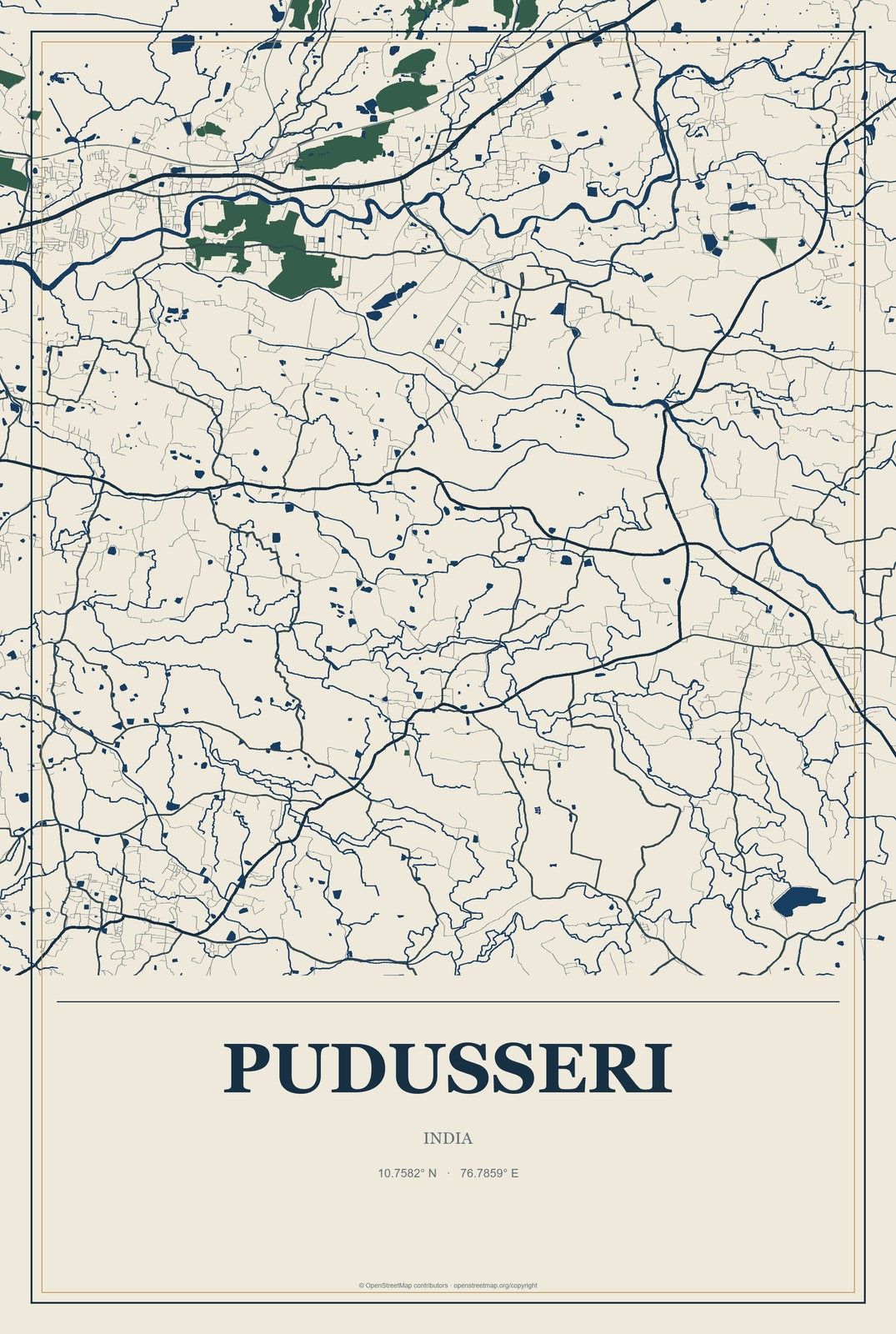 Pudusseri, India City Map Aluminum Sign in Coastal Cutout style