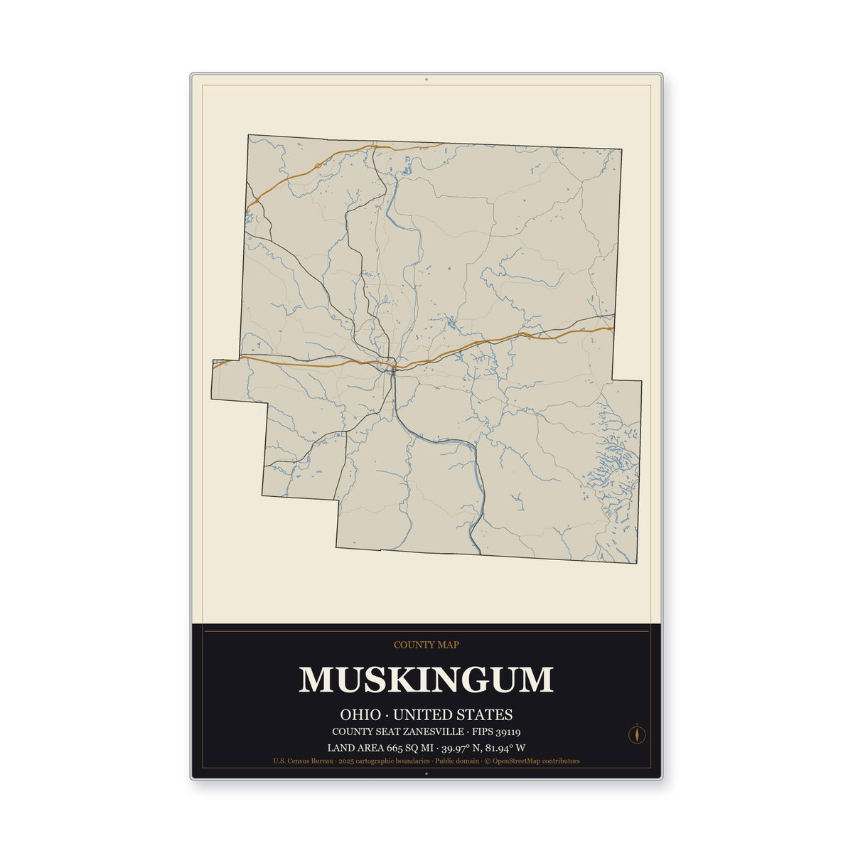 Muskingum County, Ohio Map Aluminum Sign in Museum Plaque style