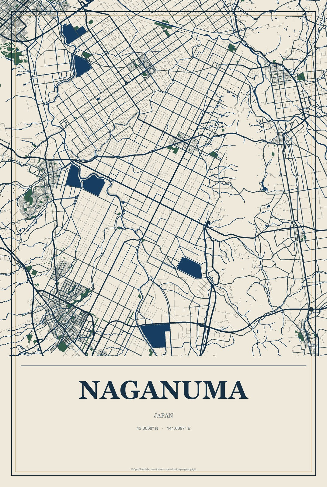 Naganuma, Japan City Map Aluminum Sign in Coastal Cutout style