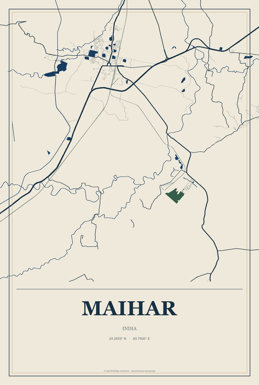 Maihar, India City Map Aluminum Sign in Coastal Cutout style
