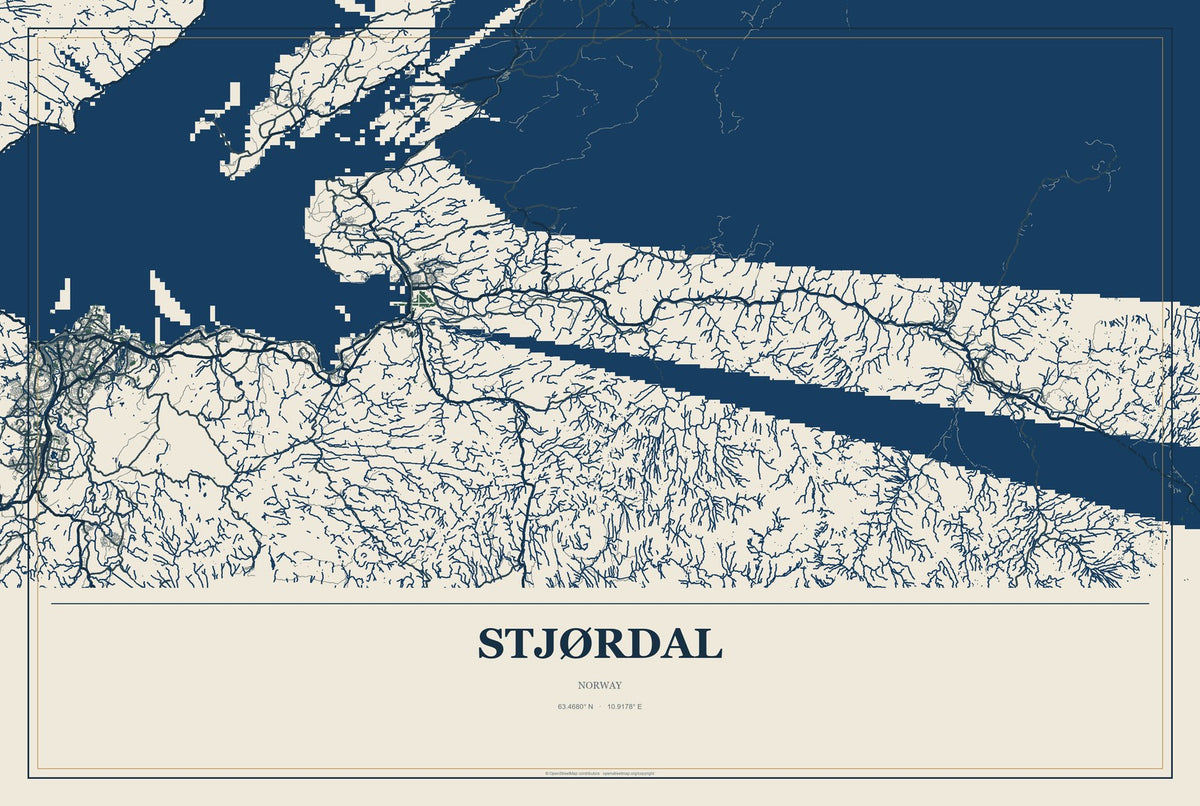 Stjørdal, Norway City Map Aluminum Sign in Coastal Cutout style