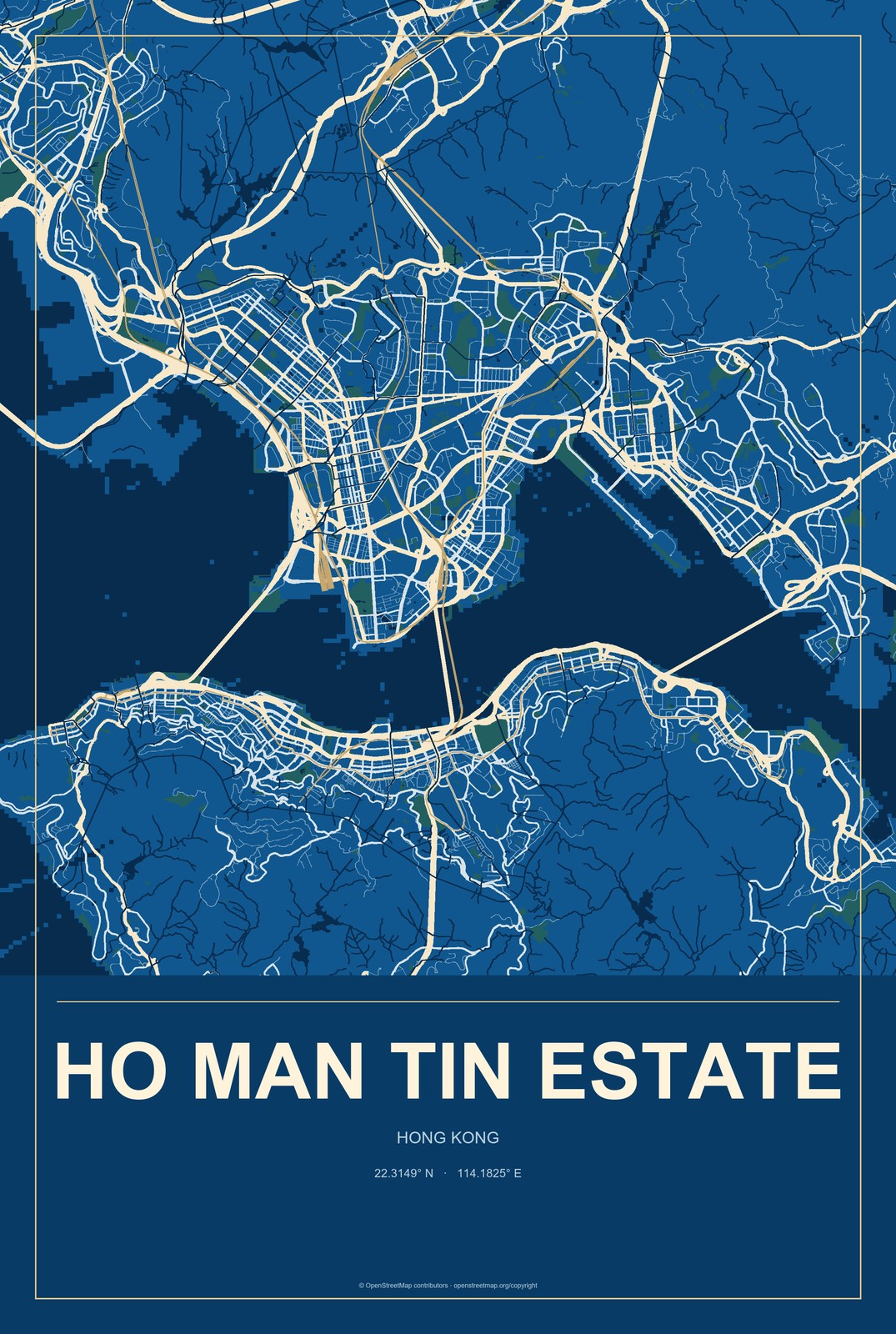 Ho Man Tin Estate, Hong Kong City Map Aluminum Sign in Harbor Cobalt style