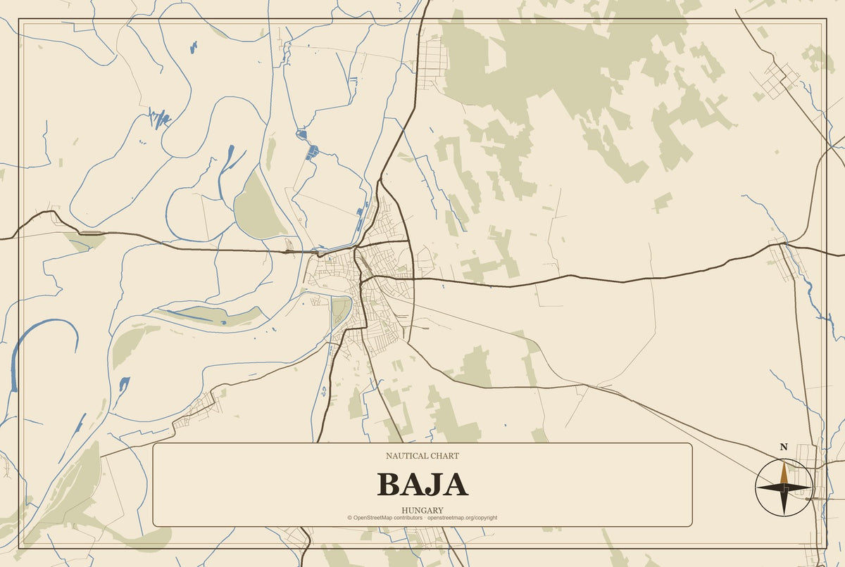 Baja, Hungary City Map Aluminum Sign in Heritage Nautical style