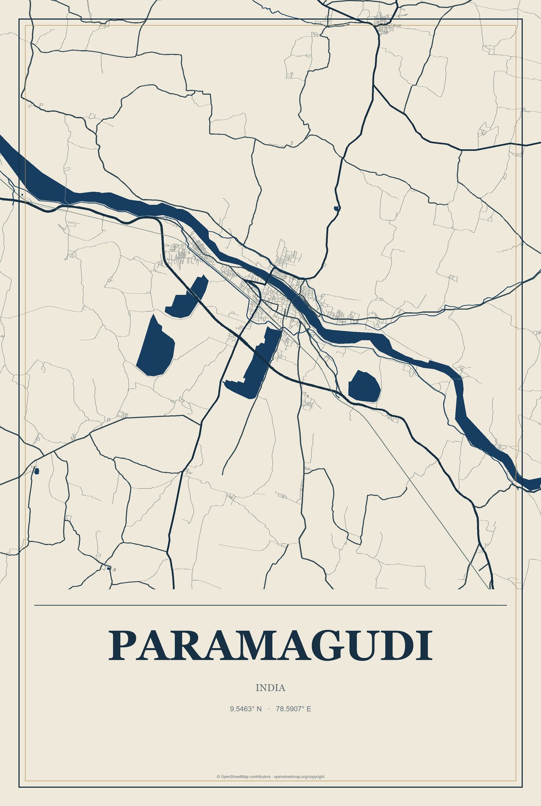 Paramagudi, India City Map Aluminum Sign in Coastal Cutout style