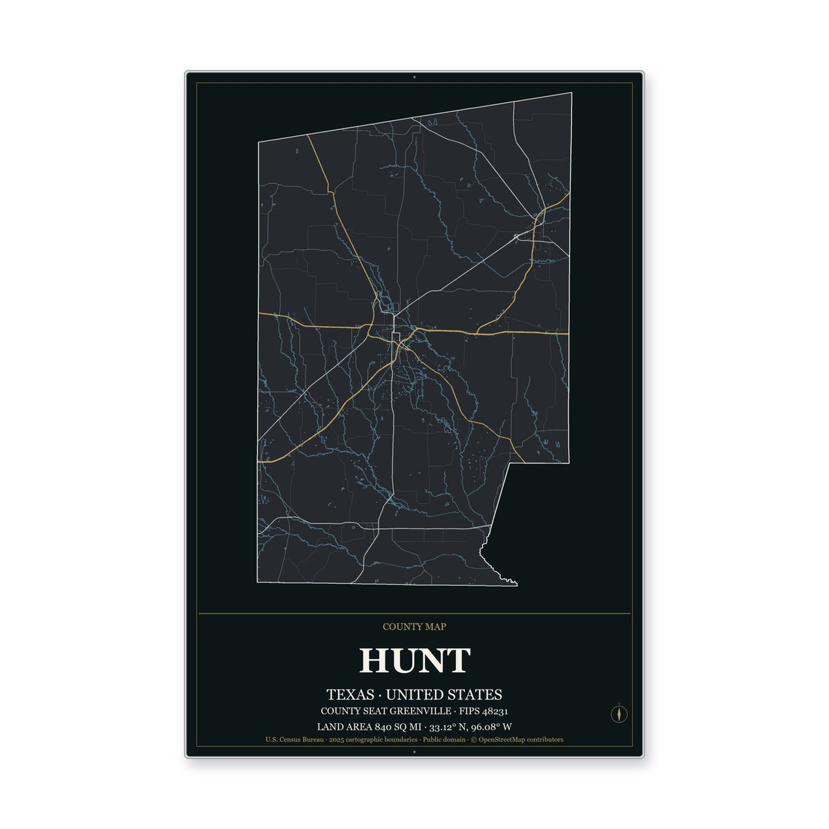 Hunt County, Texas Map Aluminum Sign in Metropolitan Noir style