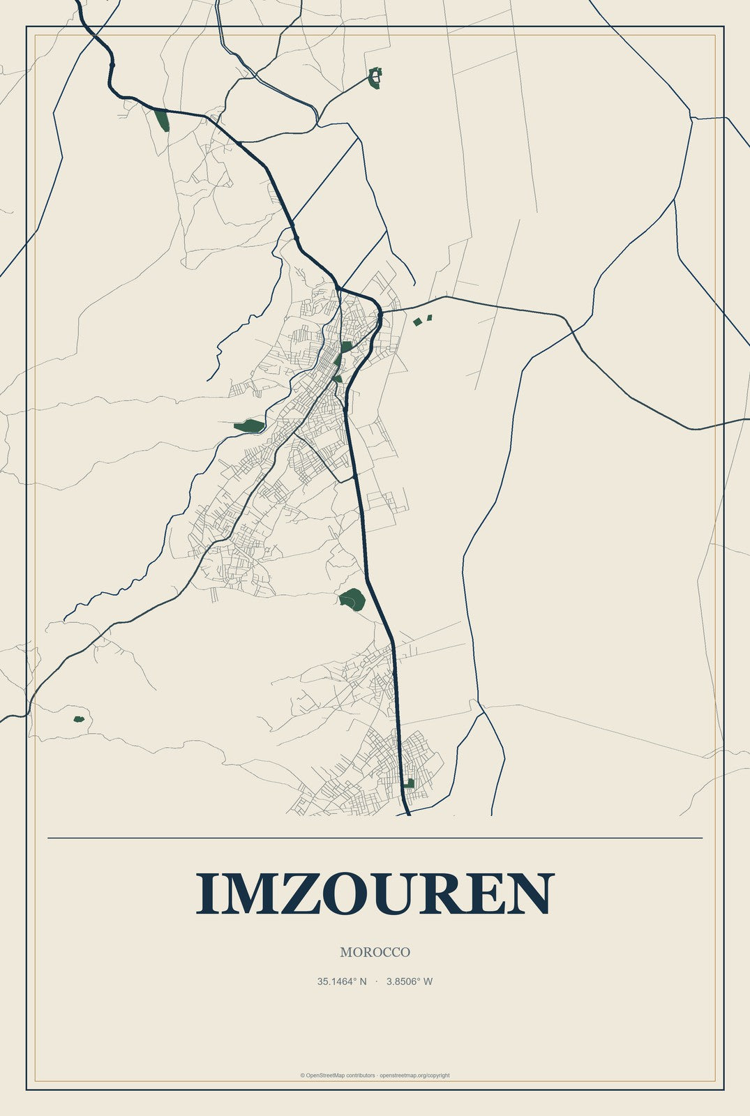Imzouren, Morocco City Map Aluminum Sign in Coastal Cutout style