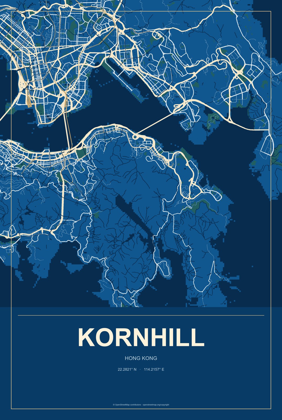Kornhill, Hong Kong City Map Aluminum Sign in Harbor Cobalt style