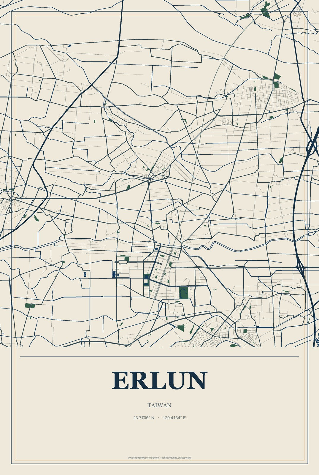 Erlun, Taiwan City Map Aluminum Sign in Coastal Cutout style