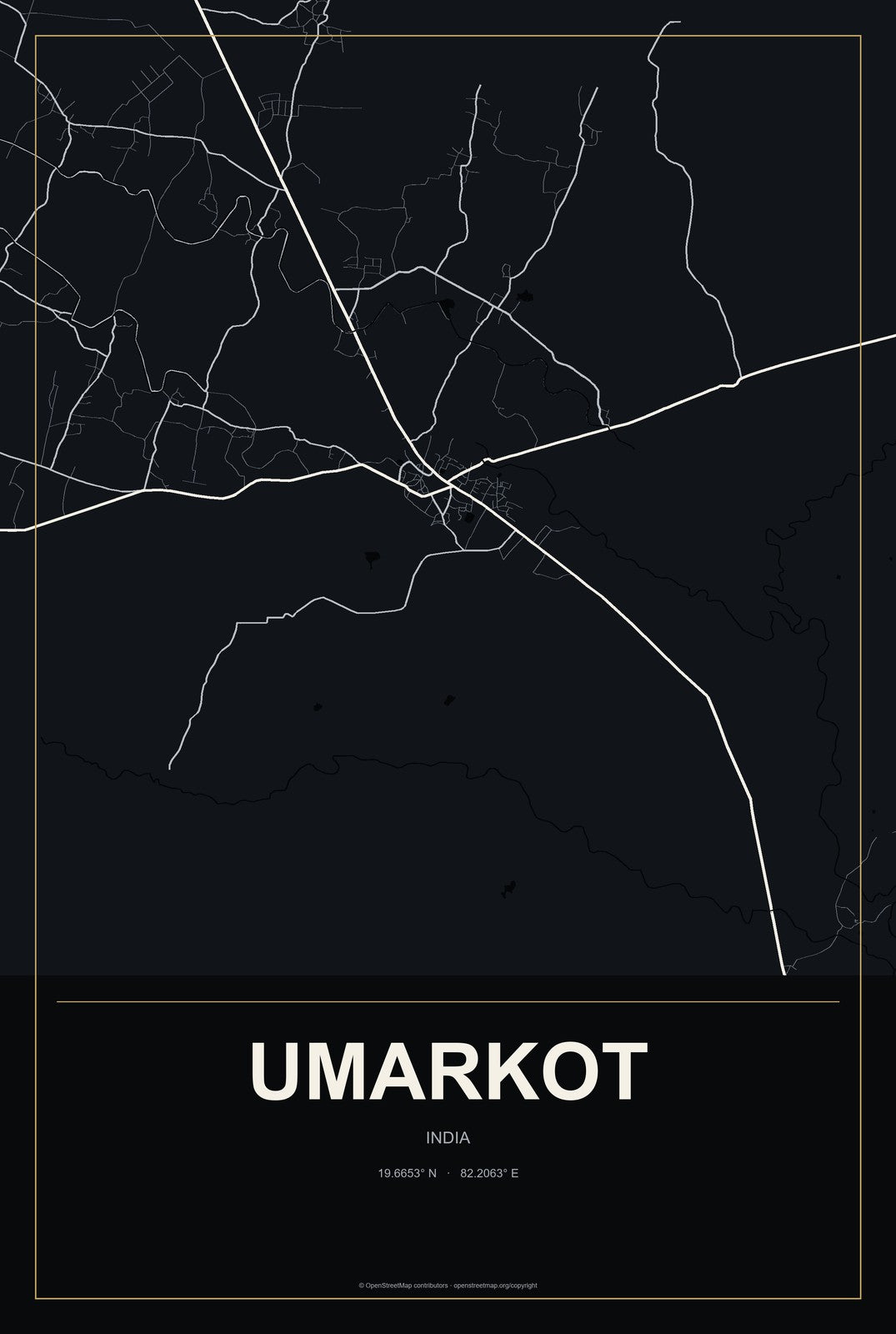 Umarkot, India City Map Aluminum Sign in Metropolitan Noir style